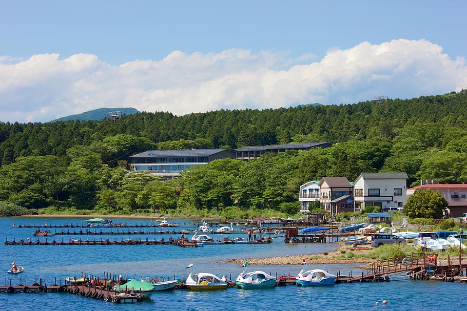 japan, hakone, lake ashi, nature, beauty, clouds, boats, water, HD wallpaper