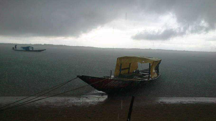 rain, lake, boat, storm, beach, nautical vessel, mode of transportation