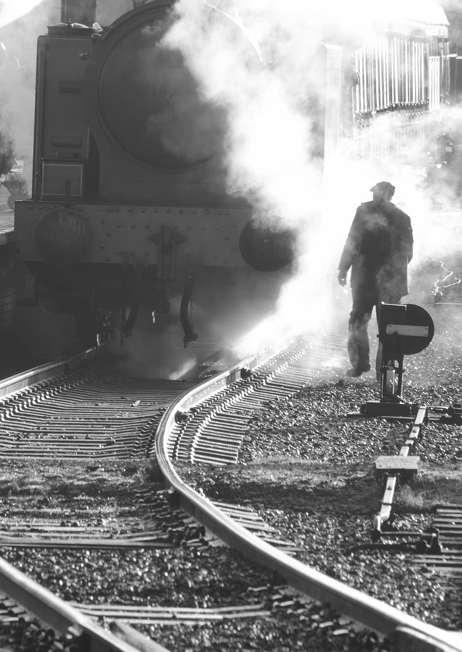 rail, railway, worker, steam, trains, engines, old, vintage HD wallpaper