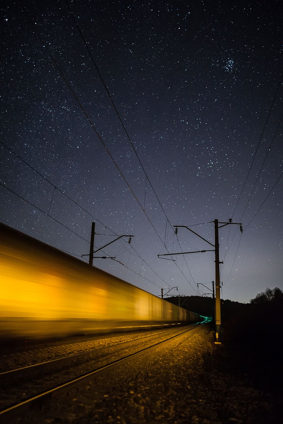 gray electric post photo, night, railway, star, train, train track, HD wallpaper