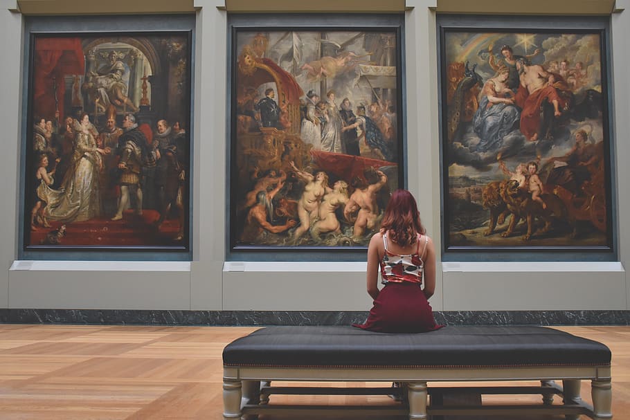 Woman Sitting on Ottoman in Front of Three Paintings, art, creative, HD wallpaper