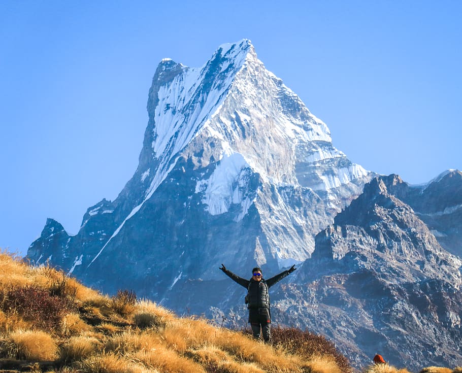 mountain range, outdoors, nature, peak, slope, human, person HD wallpaper