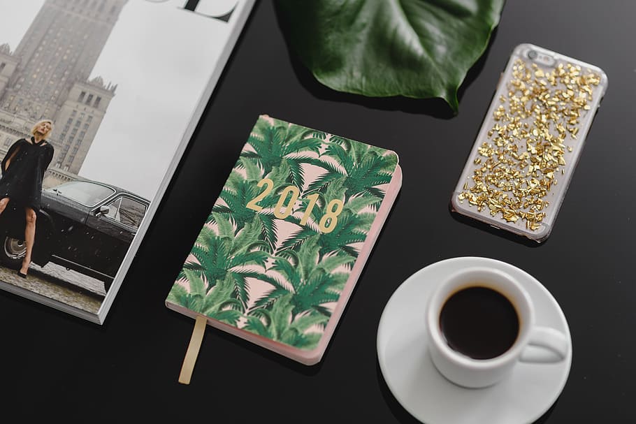 Top view of black table with 2018 calendar agenda, food and drink HD wallpaper