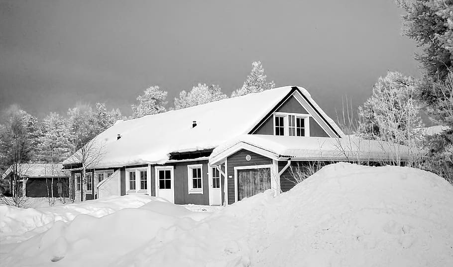 Monochrome Photography of Snow Capped House, architecture, black-and-white