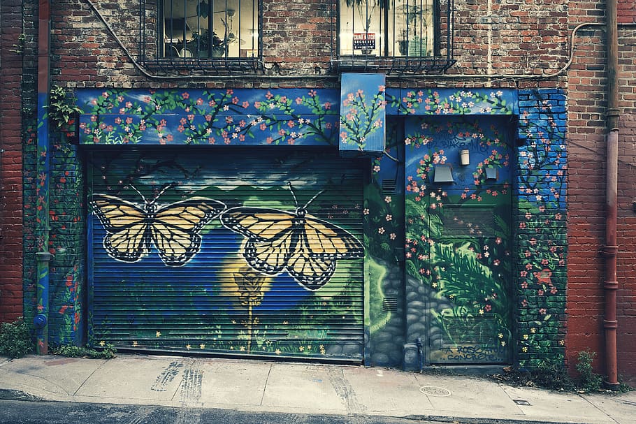 multicolored metal shutter door, brick, wall, art, mural, path HD wallpaper