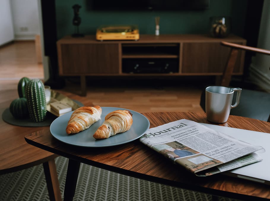 two croissant breads, food, wood, interior design, breakfast HD wallpaper