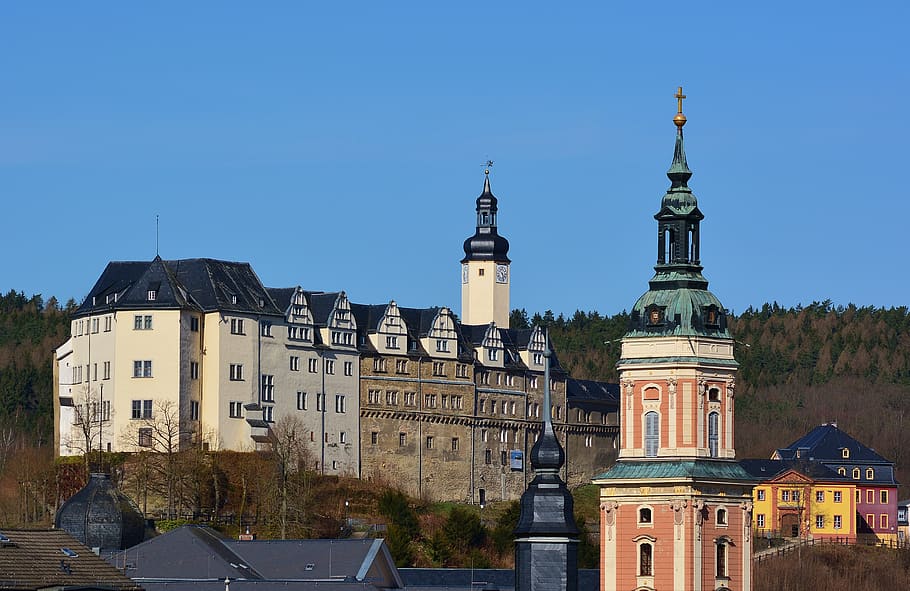 church, steeple, castle tower, thuringia germany, greiz, building exterior HD wallpaper