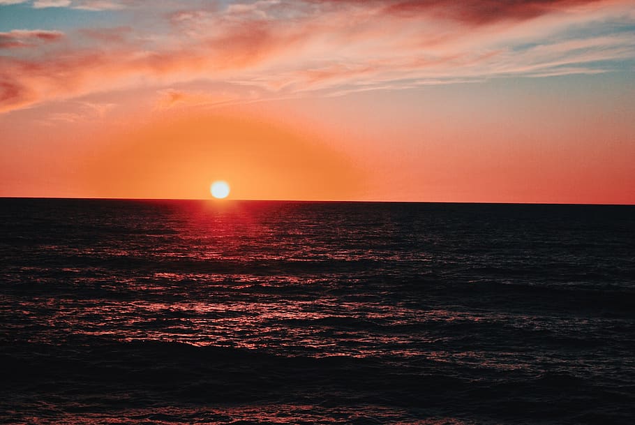sea during sunset, nature, outdoors, sky, dusk, dawn, red sky HD wallpaper