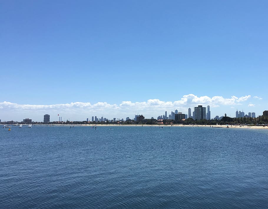 australia, st kilda pier, melbourne, skyline, sea, clouds, blue, HD wallpaper
