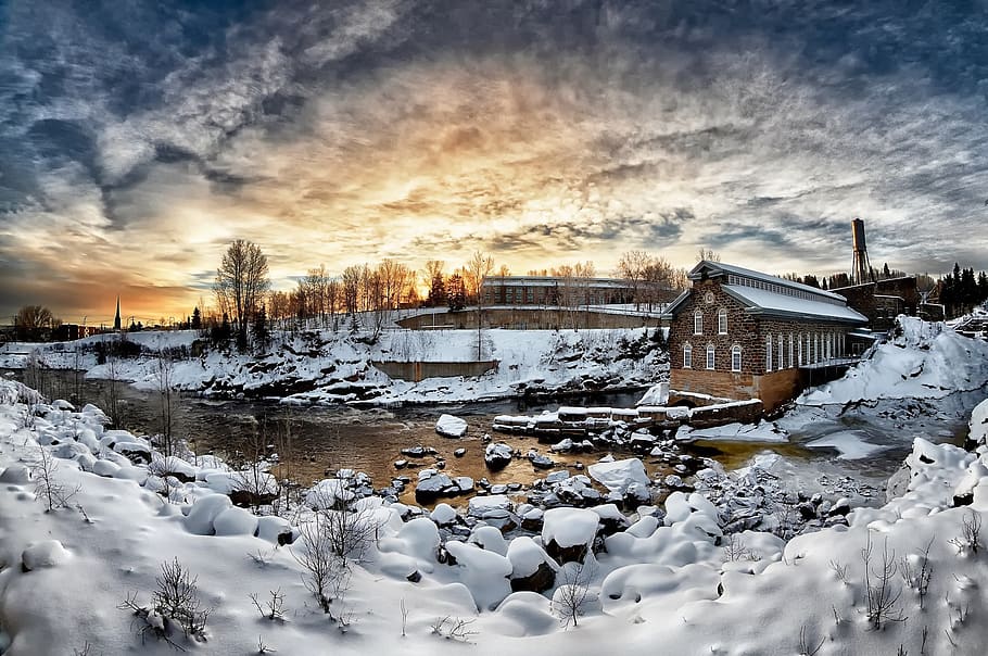 Cloudy Sky over Building, cold, dawn, snow, sunset, water, winter HD wallpaper