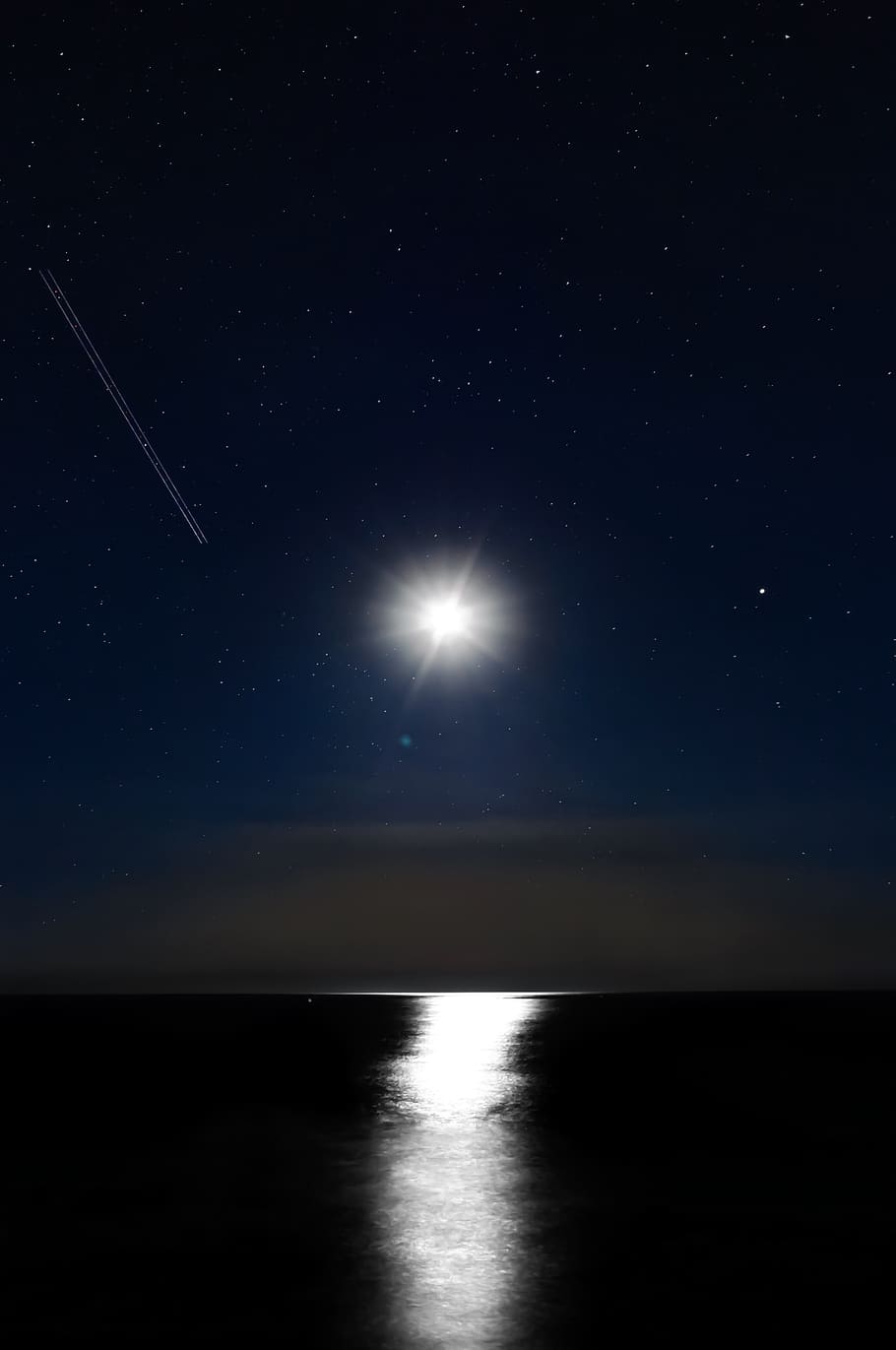 moon phot, star, sea, ocean, night, reflection, water, startrail