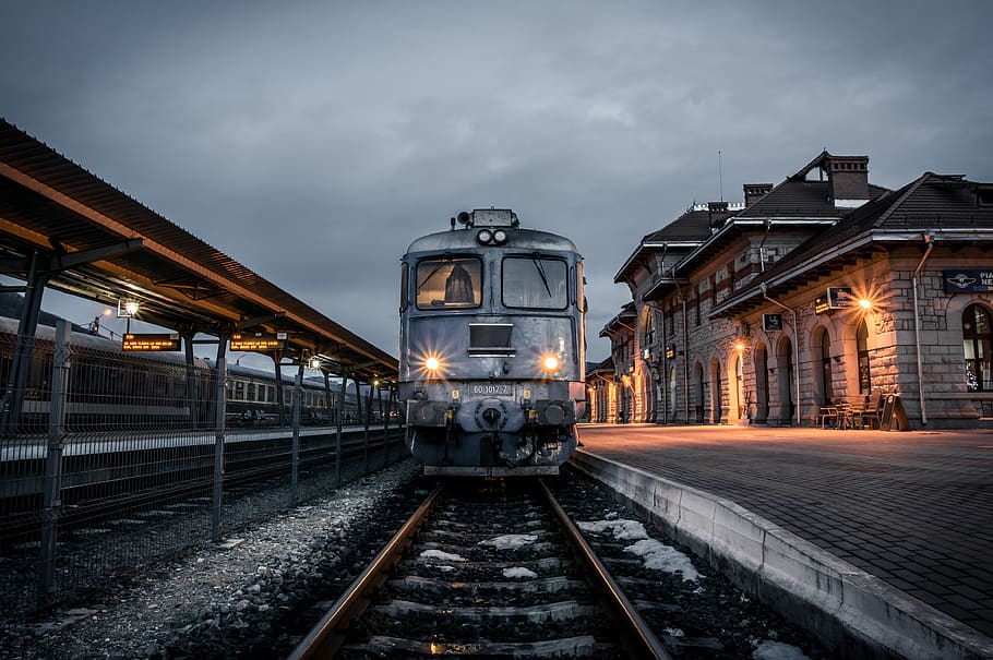 gray train in train station, rail transportation, sky, illuminated HD wallpaper