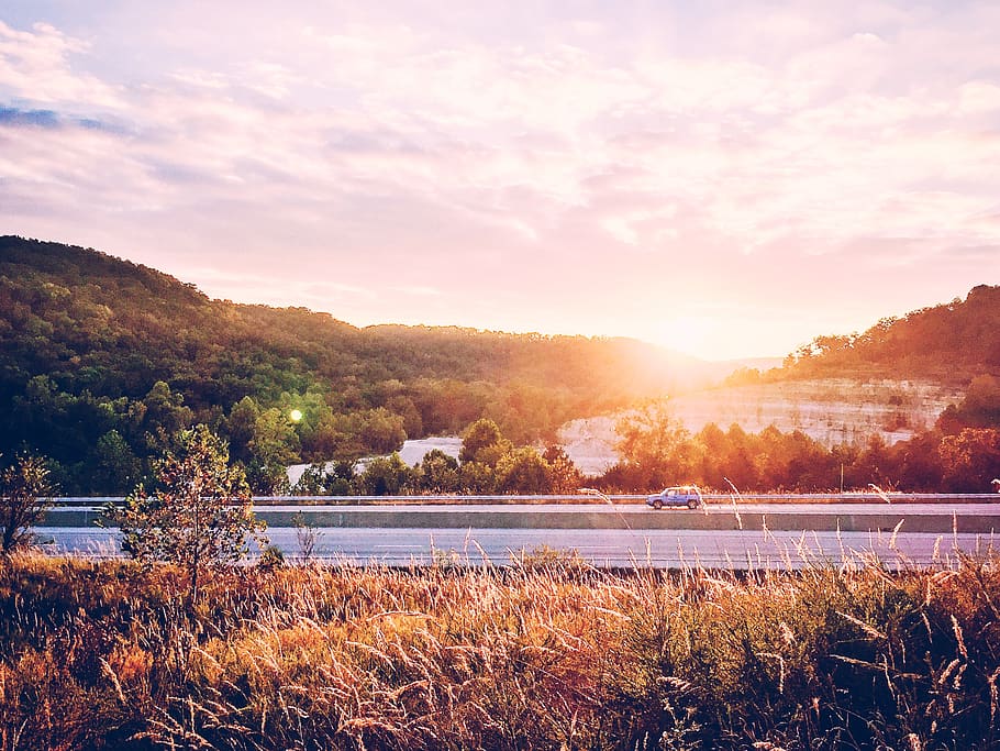 Vehicle on Road during Sunset, car, forest, highway, infrastructure HD wallpaper