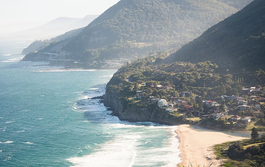 australia, ocean view, beach, mountain, greenery, road, sunshine HD wallpaper
