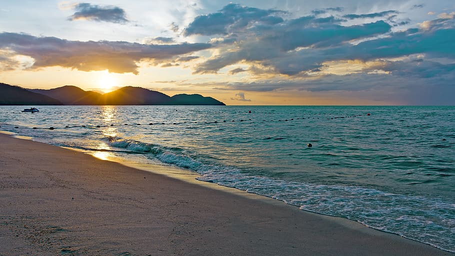 sunset, mountains, nikon, nature, landscape, seascape, scene HD wallpaper
