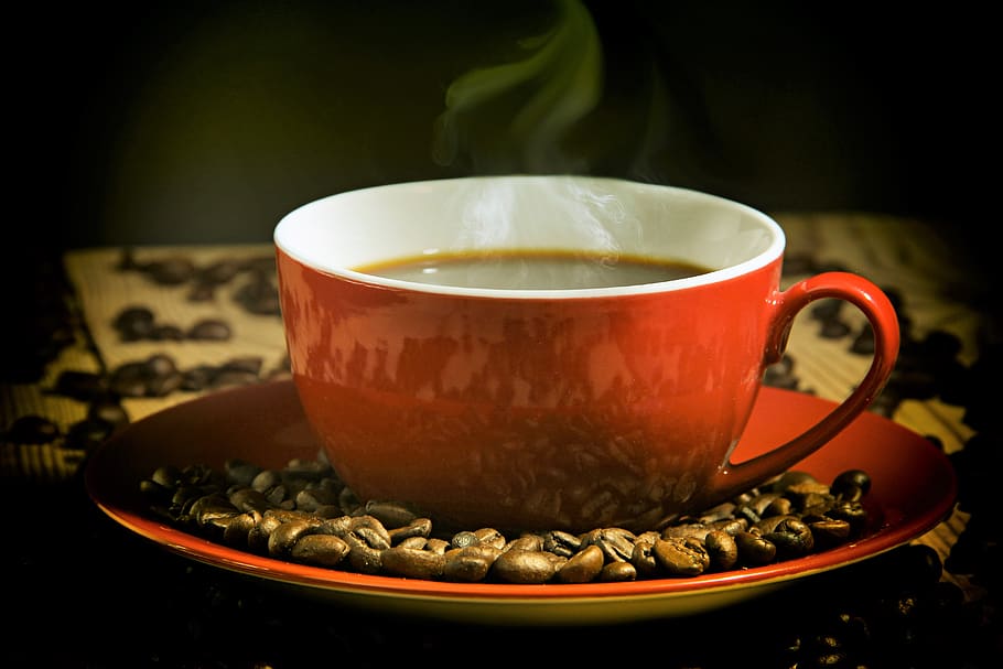 coffee, coffee cup, red, coffee beans, benefit from, breakfast HD wallpaper