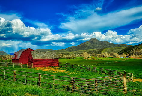 squaw mountain, sky, clouds, ranch, farm, mood, hdr, valley HD wallpaper