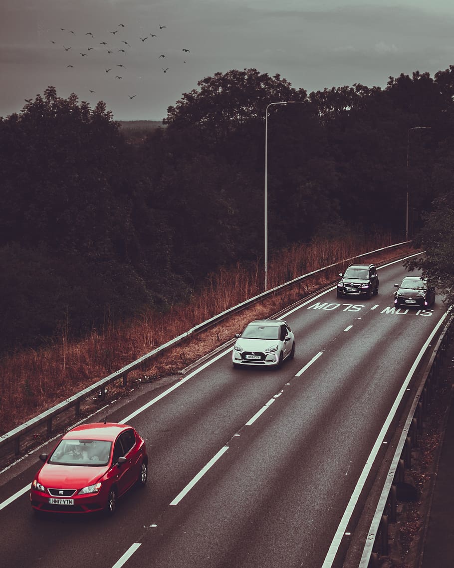 four vehicles in highway, road, car, united kingdom, guildford, HD wallpaper