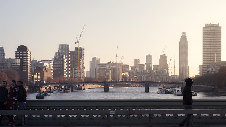 People on Bridge With Background of City, architecture, britain HD wallpaper