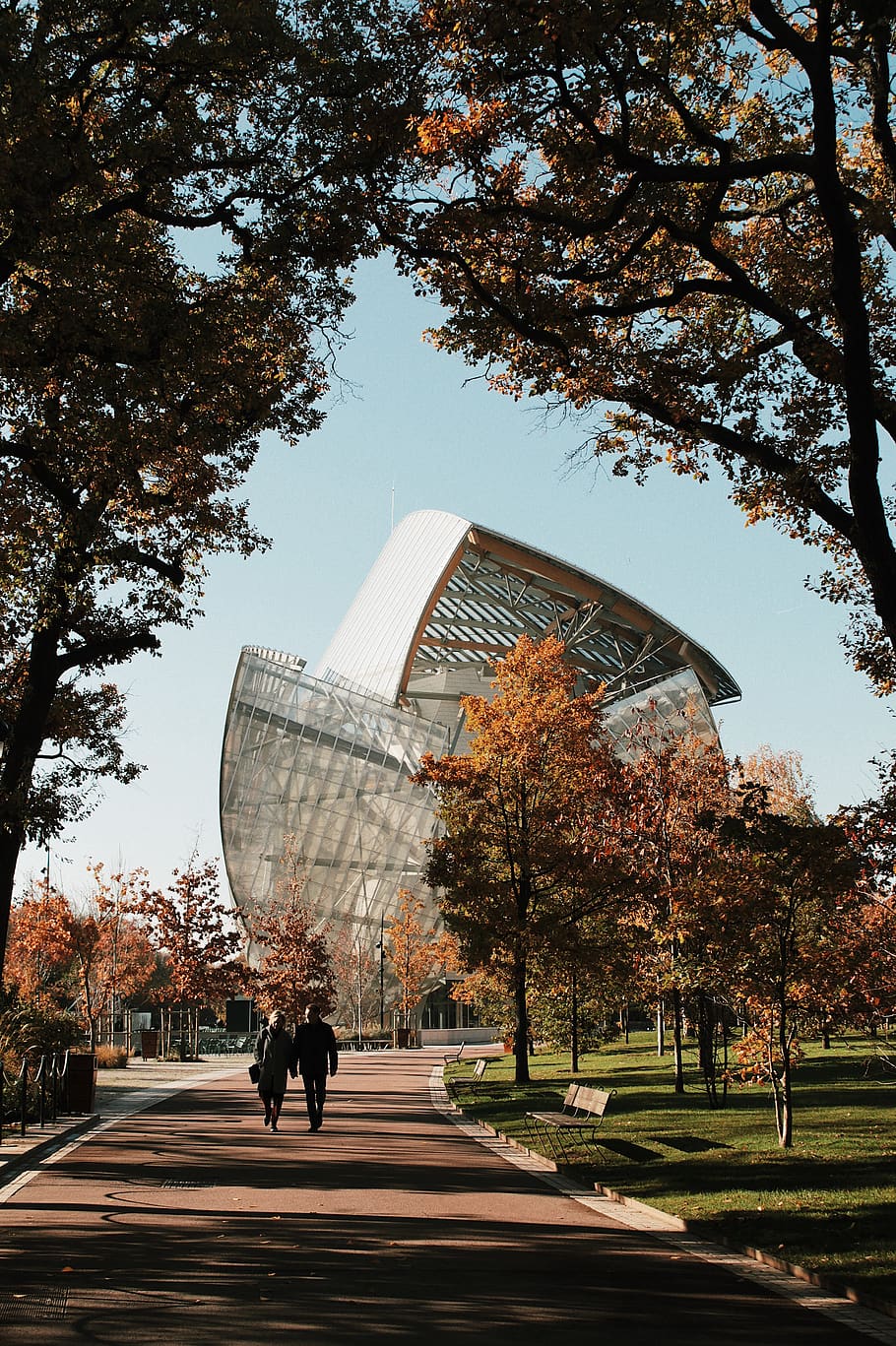 Two Persons Walking Towards Building, architecture, branches HD wallpaper