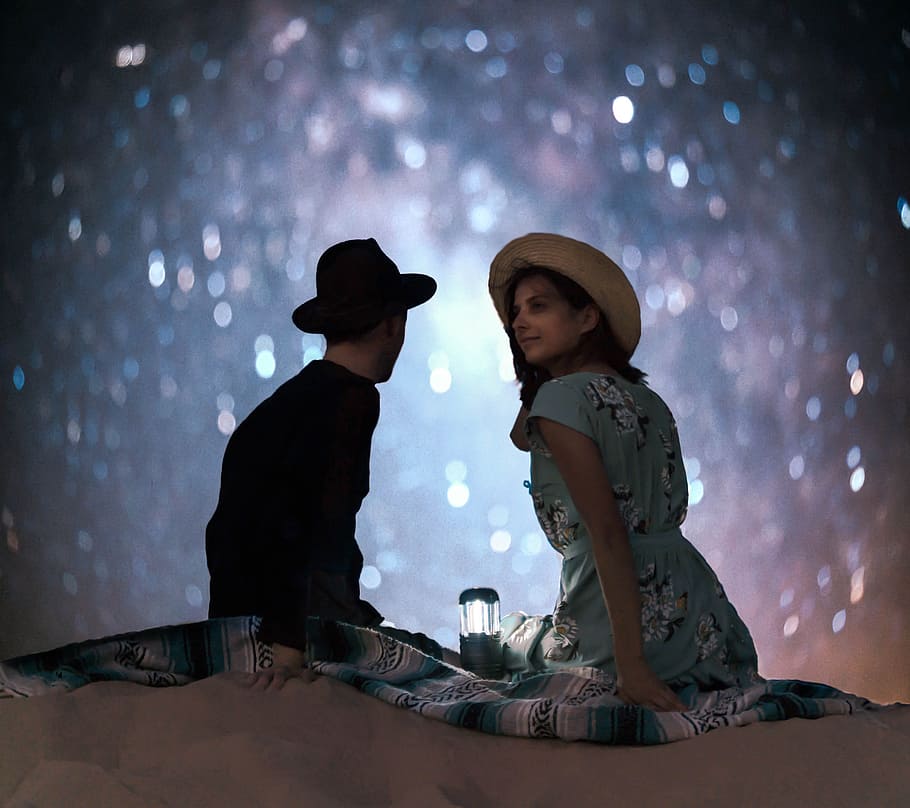 man and woman sitting on focus photography, magical, wilderness HD wallpaper