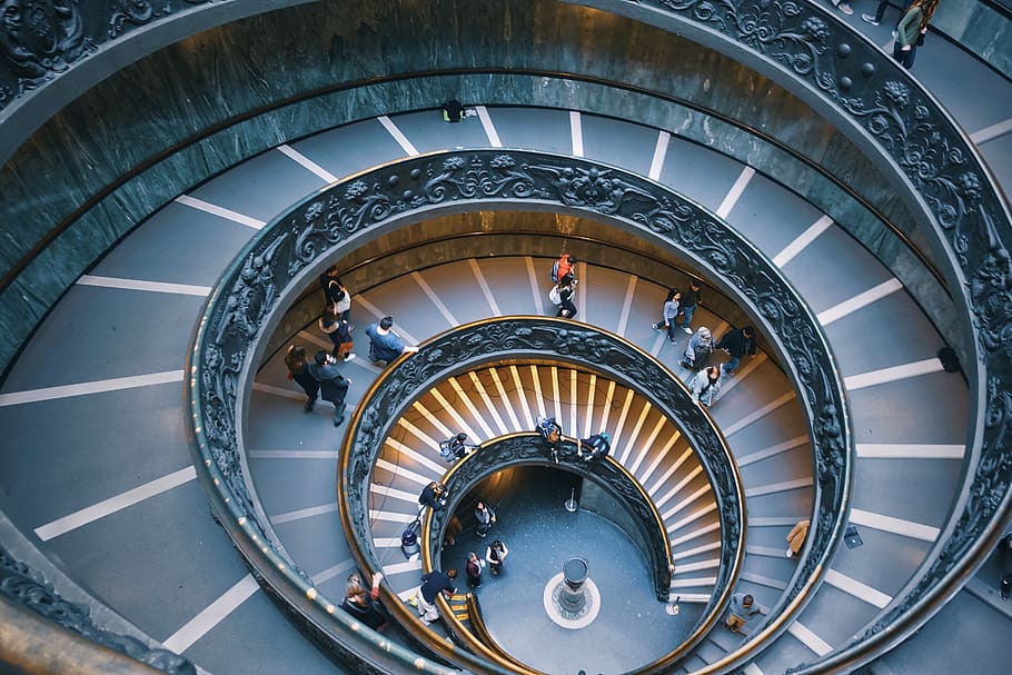 people walking upstairs, spiral staircase, architecture, steps and staircases HD wallpaper