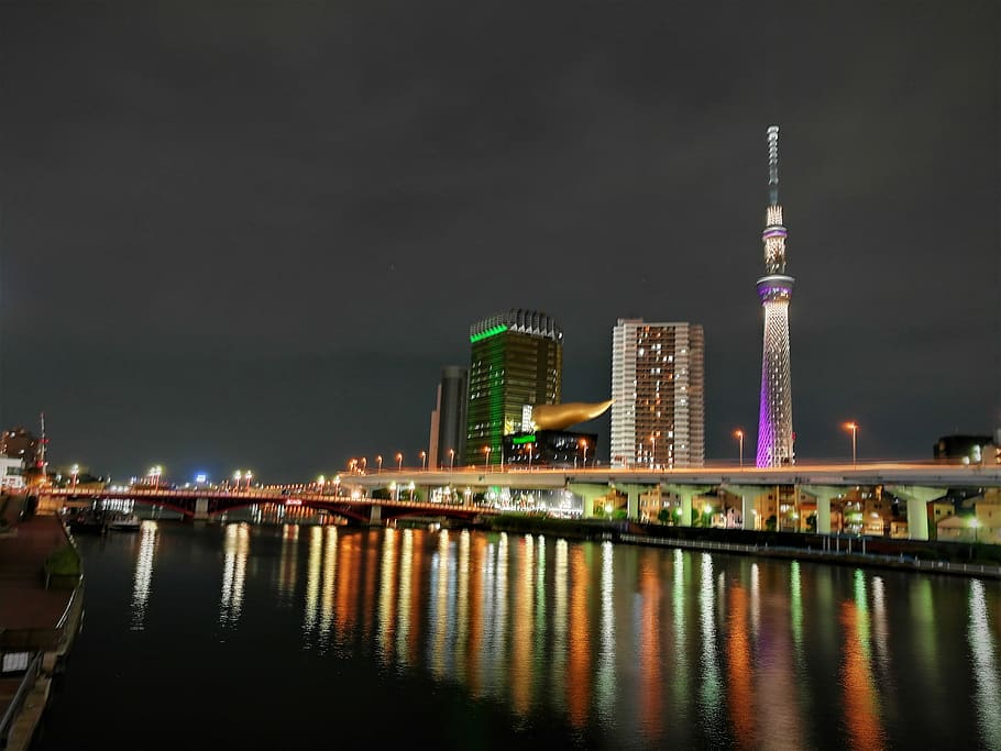 japan, sumida-ku, tokyo skytree, river, building, architecture, HD wallpaper