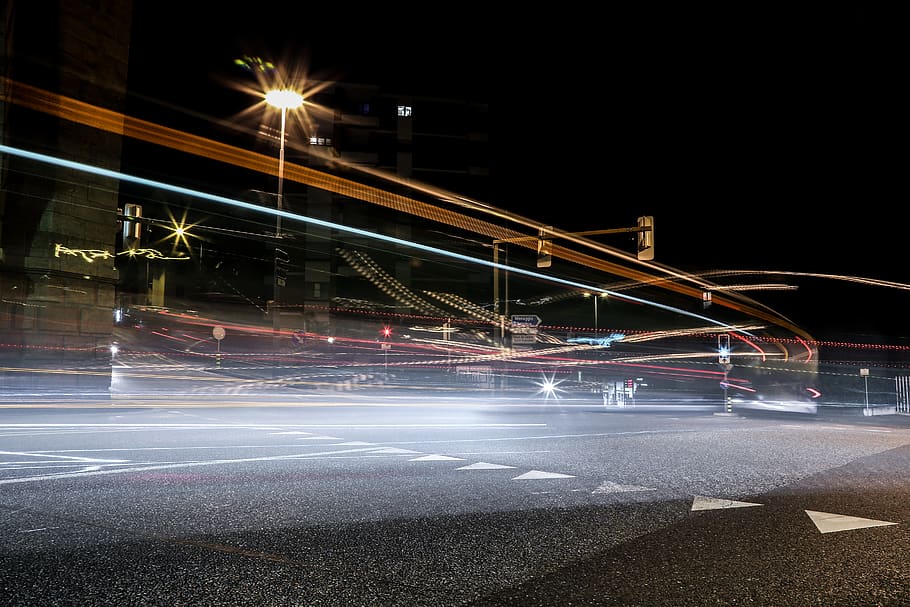 Light Streaks, lights, long-exposure, road, illuminated, night HD wallpaper