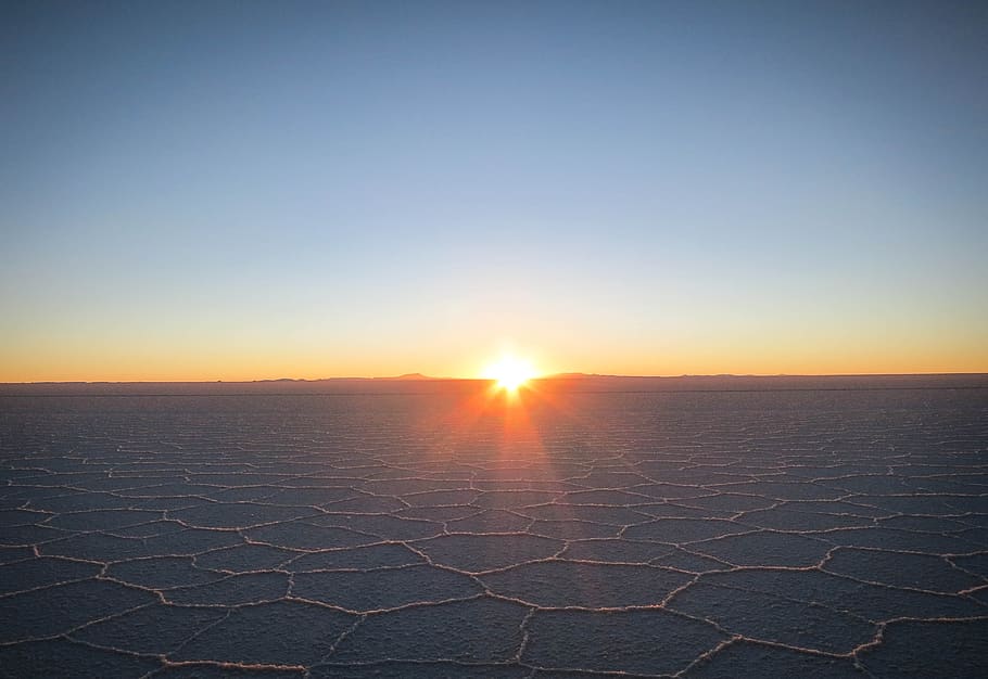 salt lake, atacama desert, hexagons, structure, sunset, chile, HD wallpaper