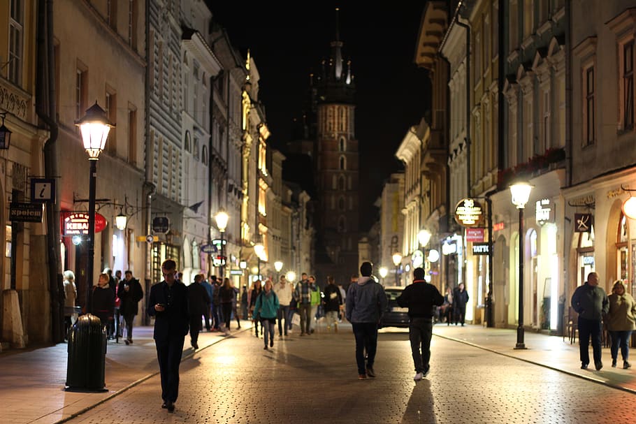 road, evening, dark, lights, krakow, landscape, city, tree HD wallpaper