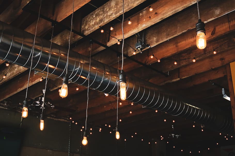 Black Pendant Lamps, architecture, building, bulbs, ceiling, ceiling lights HD wallpaper