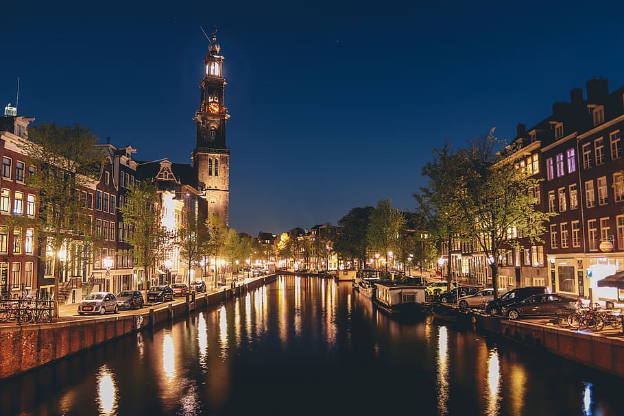 netherlands, amsterdam, lights, canal, reflection, night, river HD wallpaper