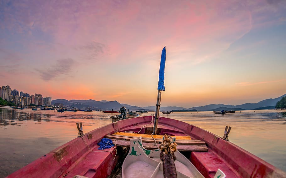 Red Boat on Body of Water With Blue Flag, cloudy, floating, ocean HD wallpaper