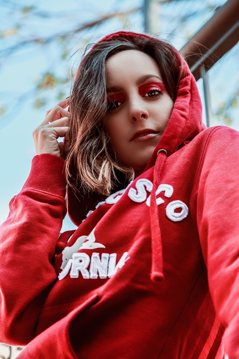 Woman Touching Her Hoodie, adorable, beautiful, cute, elegance HD wallpaper