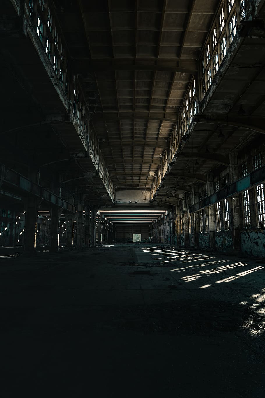 beige and brown empty warehouse, building, corridor, lighting