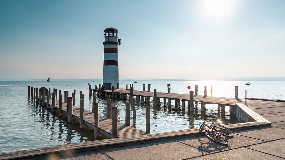 white and red lighthouse, water, sea, sky, tower, built structure HD wallpaper