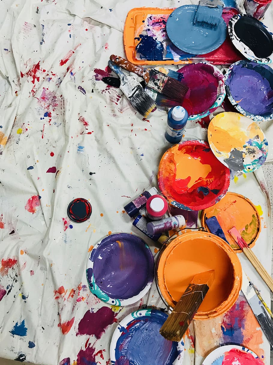 assorted-color paints and paintbrushes on white tarp, art, can, HD wallpaper