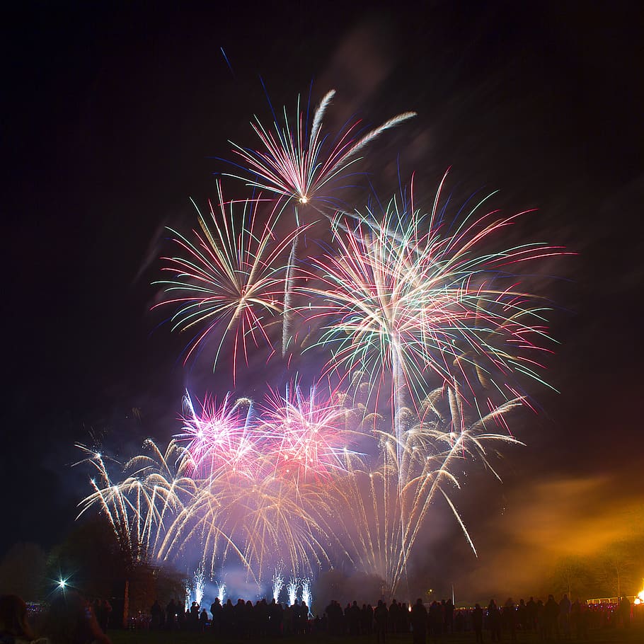 nature, sky, clouds, night, fireworks, firecrackers, lights HD wallpaper