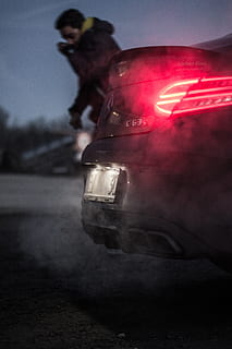 car, exhaust, environment, caughing, c63, amg, mercedes, smoke HD wallpaper