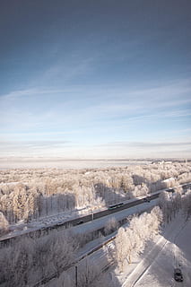 Vehicles Passing on Snow Covered Road, aerial, cold, daylight HD wallpaper