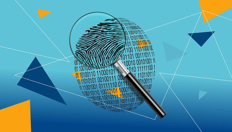 Magnifying Glass Over Digital ID Fingerprint, security, analyzing