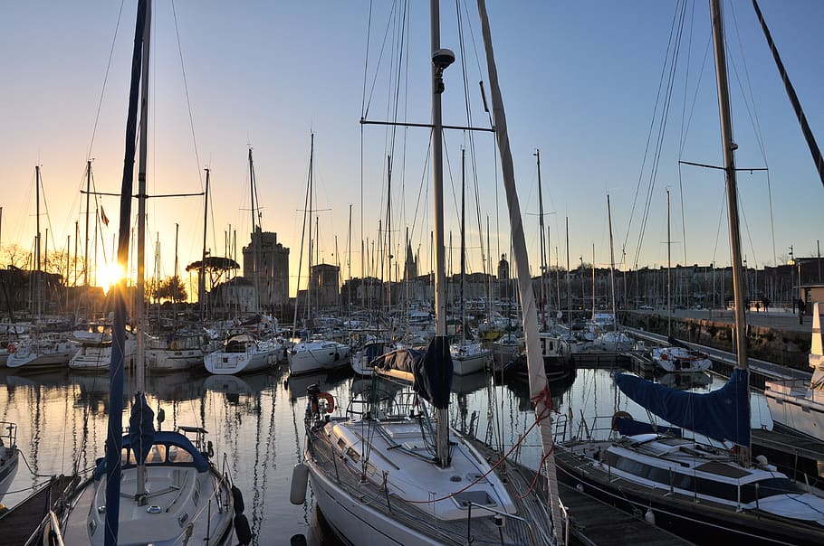 france, la rochelle, boats, harbor, tower, sunset, nautical vessel, HD wallpaper