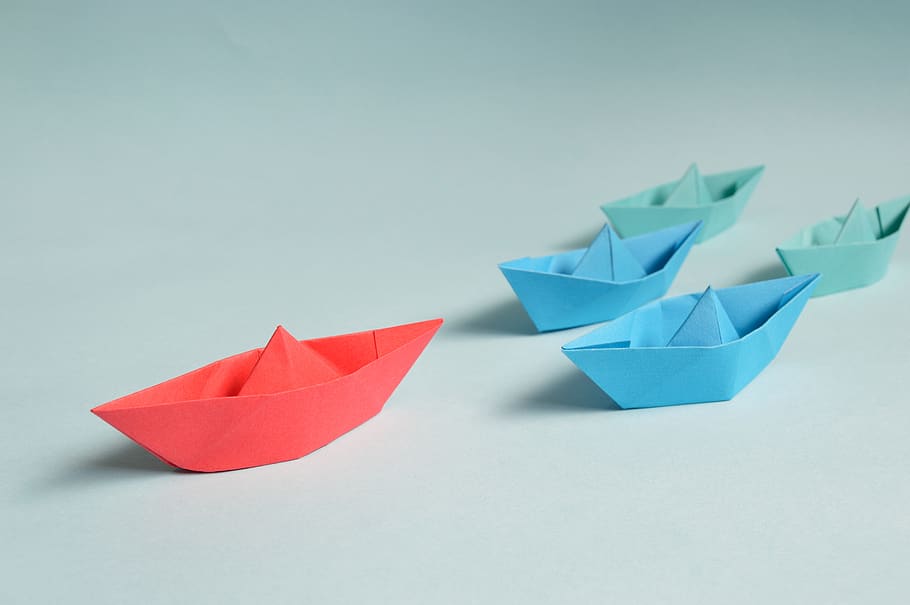 Paper Boats on Solid Surface, art, blue, color, conceptual, creative