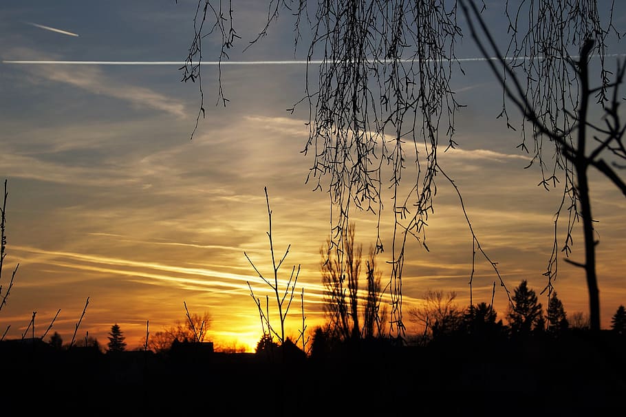 heaven, sunset, twilight, evening, silhouette, scenic, chemtrails HD wallpaper