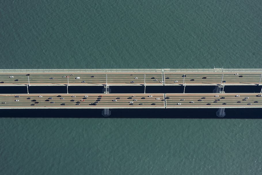 aerial view of cars on bridge, bay, water, sea, ocean, road, traffic, HD wallpaper