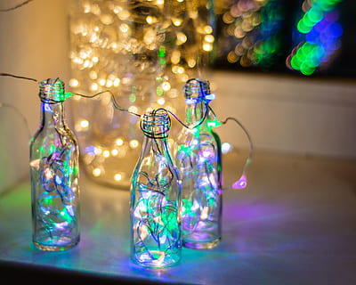 three bottles with string lights, kyiv, ukraine, glass, accessories HD wallpaper