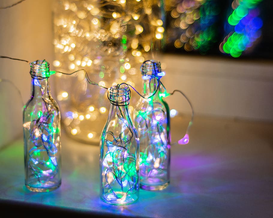 three bottles with string lights, kyiv, ukraine, glass, accessories HD wallpaper