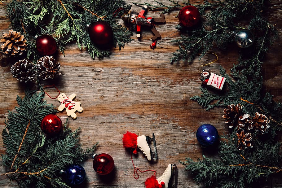 Woodgrain With Christmas Ornaments Photo, Flatlay, Holidays, christmas decoration HD wallpaper