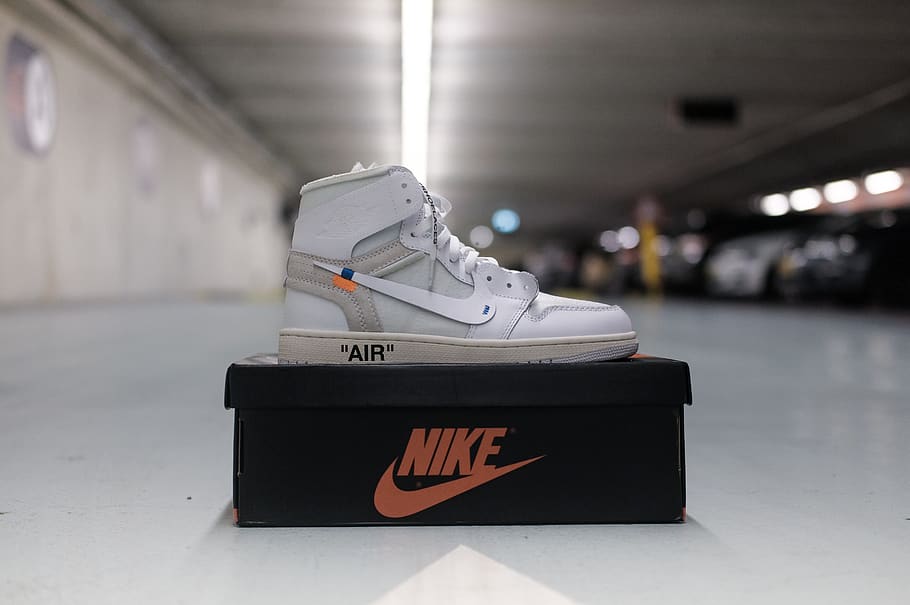 white Nike Air high-top and box, footwear, shoe, apparel, clothing