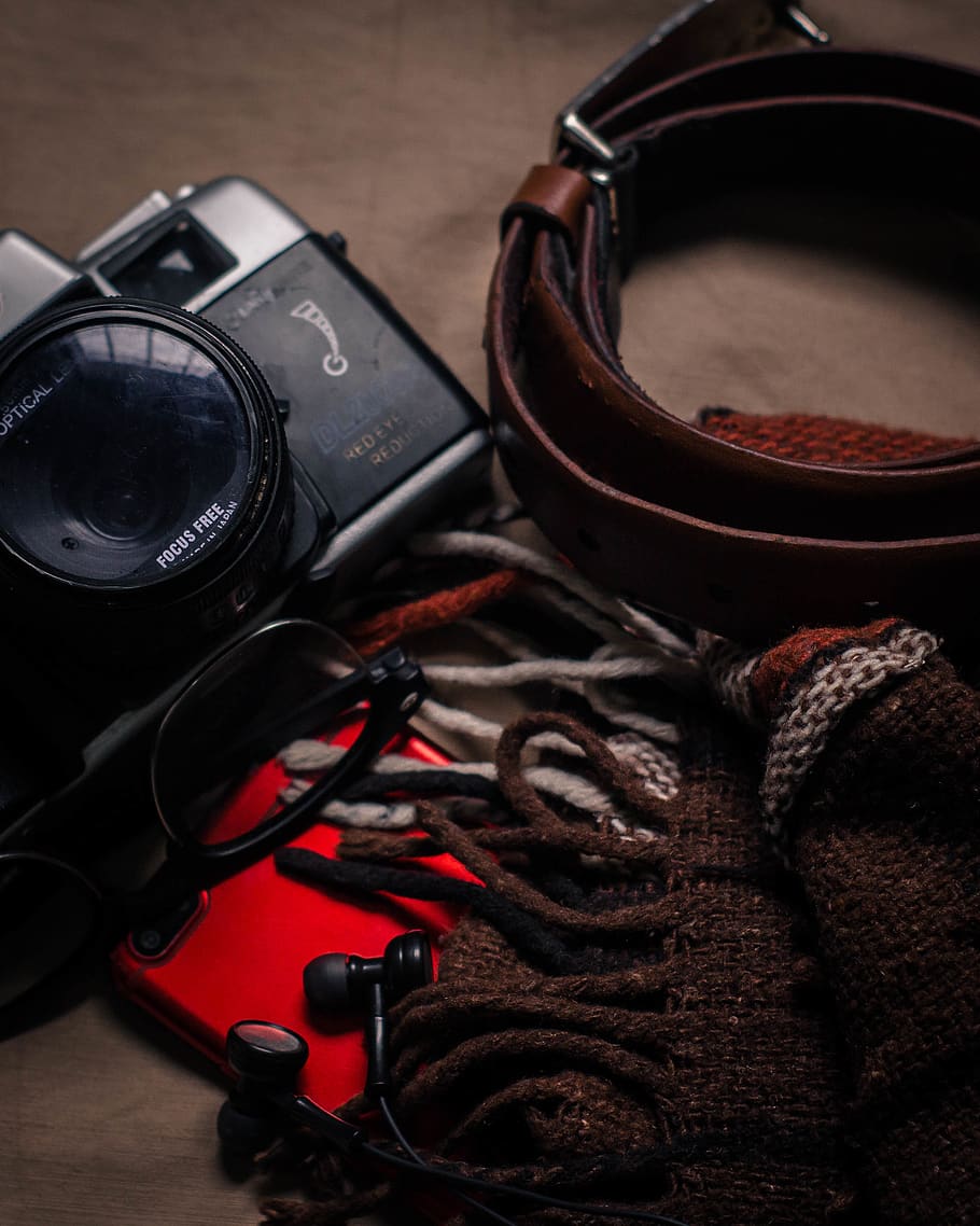 Black Milc Beside Brown Leather Belt, camera, close-up, electronics HD wallpaper